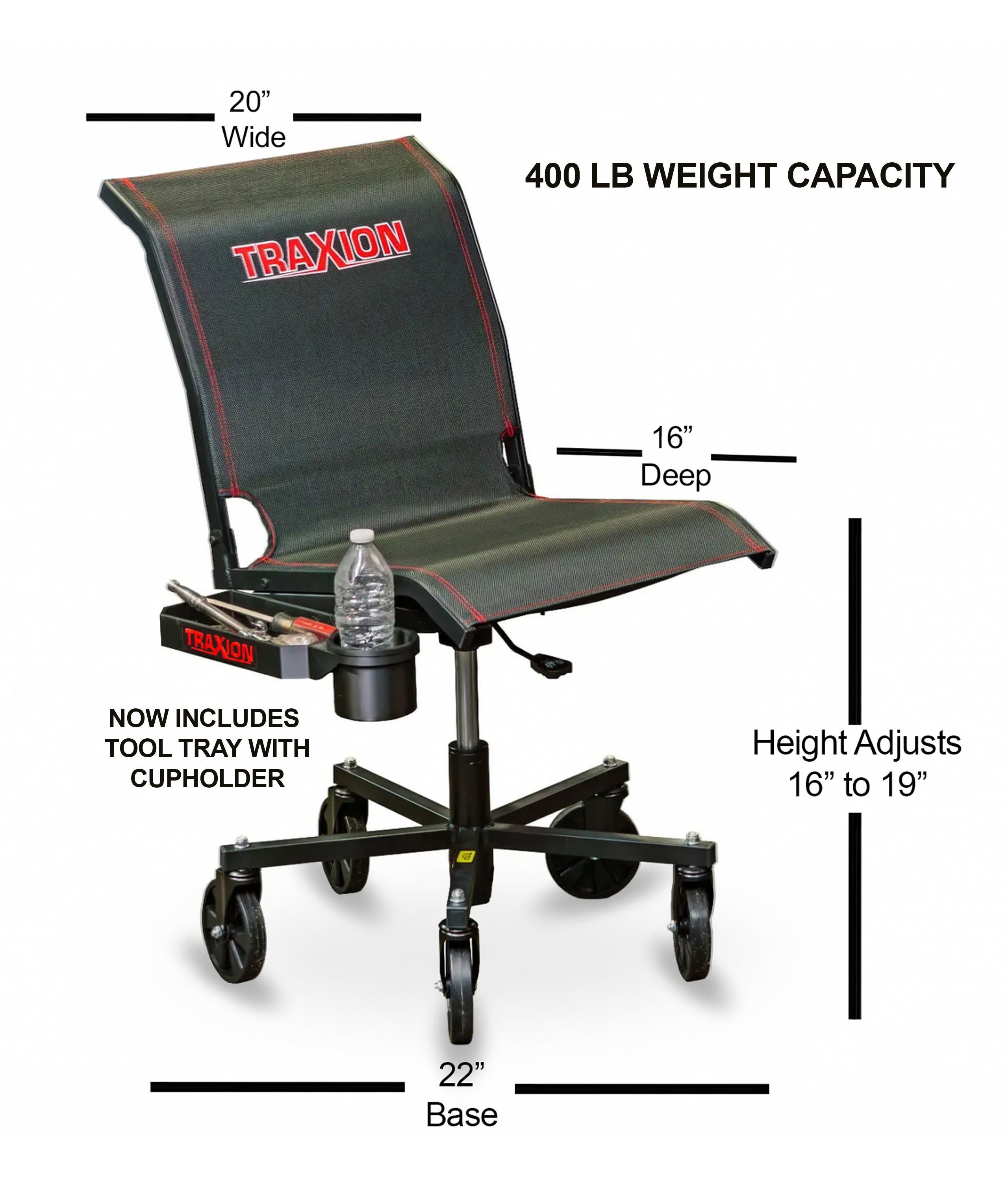 Original Traxion ProGear Mesh Flex Roll Seat NOW includes 1 of the NEW 2-581 Accessory Tool Tray with Cupholder