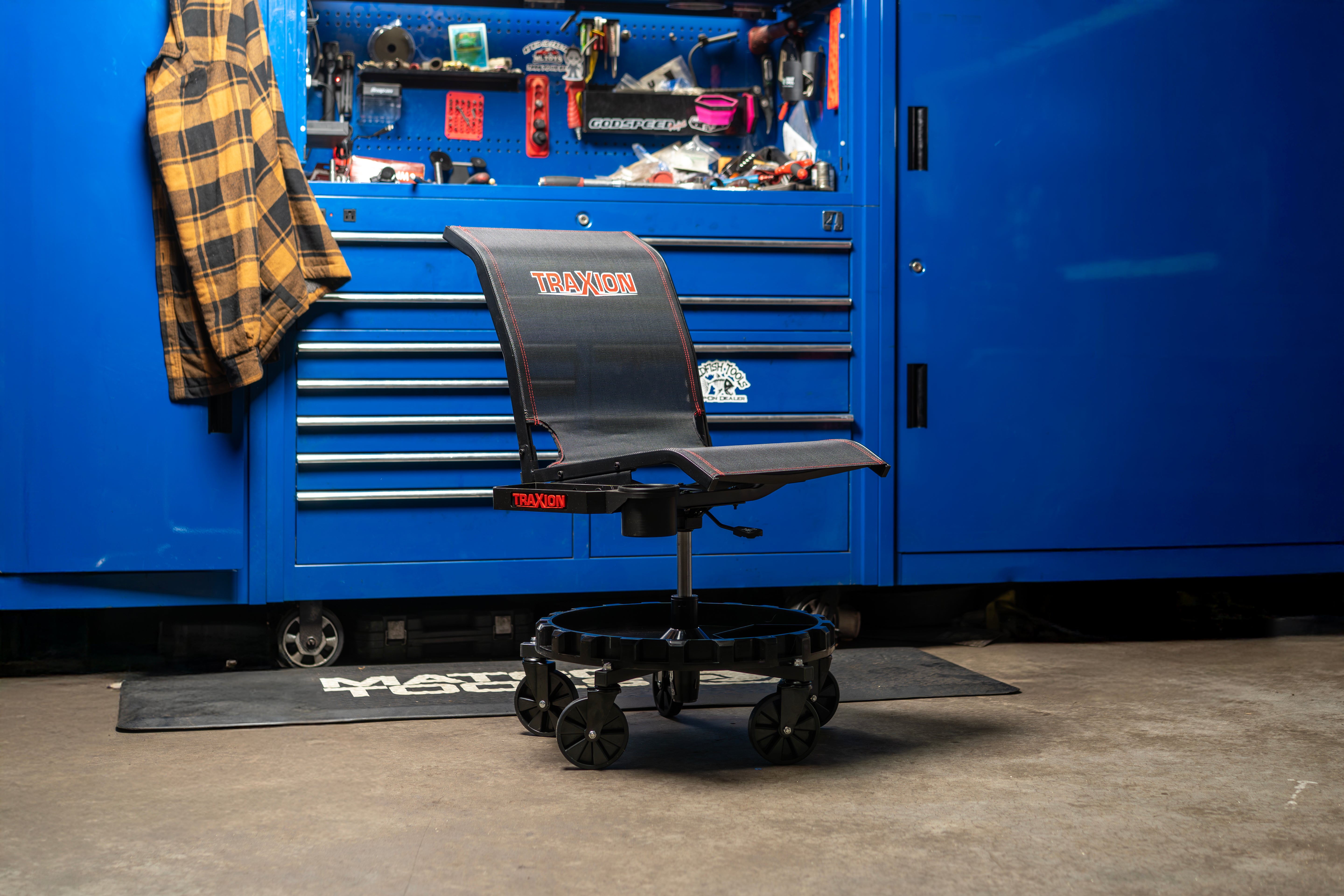 Original Traxion ProGear Mesh Flex Roll Seat NOW includes 1 of the NEW 2-581 Accessory Tool Tray with Cupholder