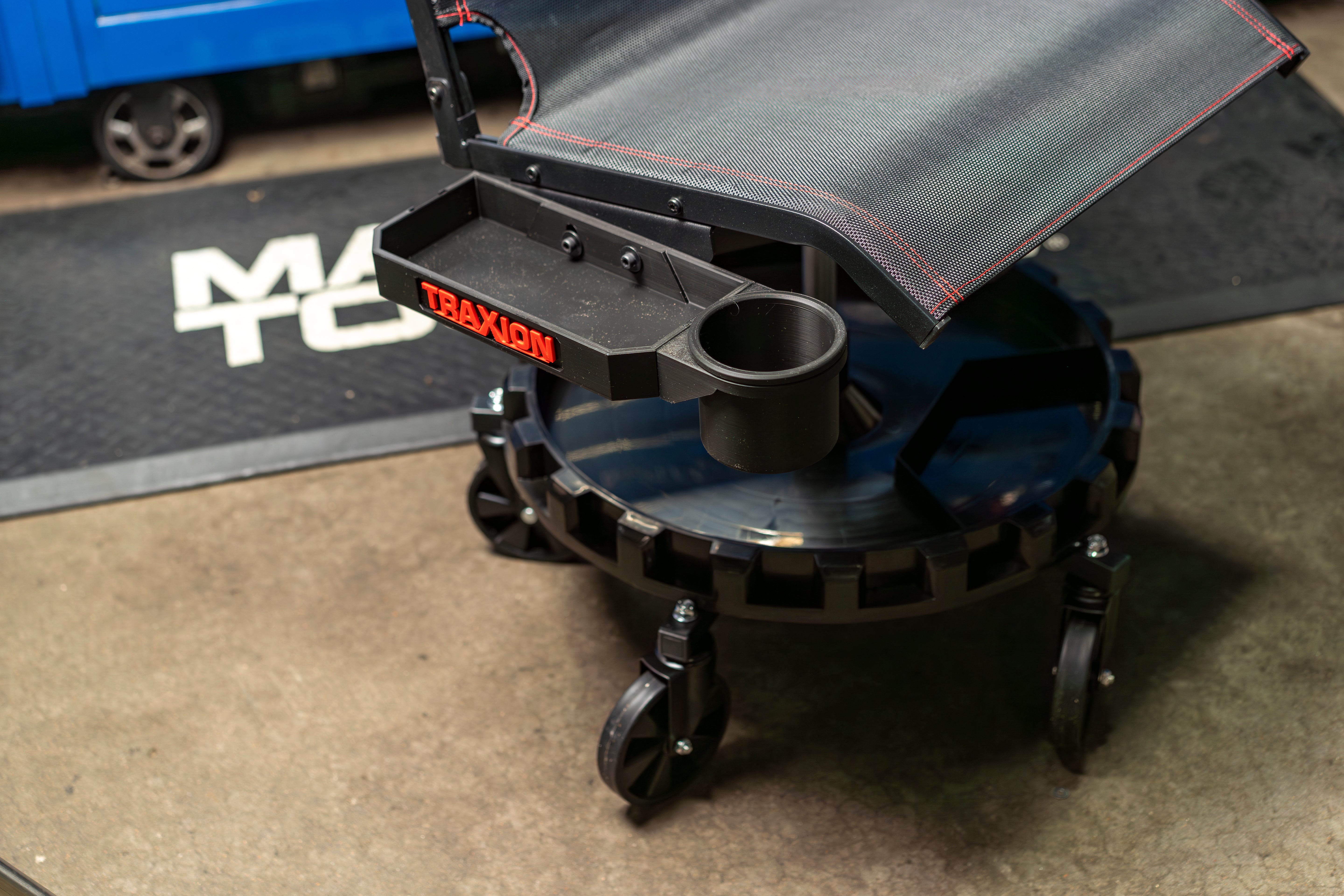 Original Traxion ProGear Mesh Flex Roll Seat NOW includes 1 of the NEW 2-581 Accessory Tool Tray with Cupholder