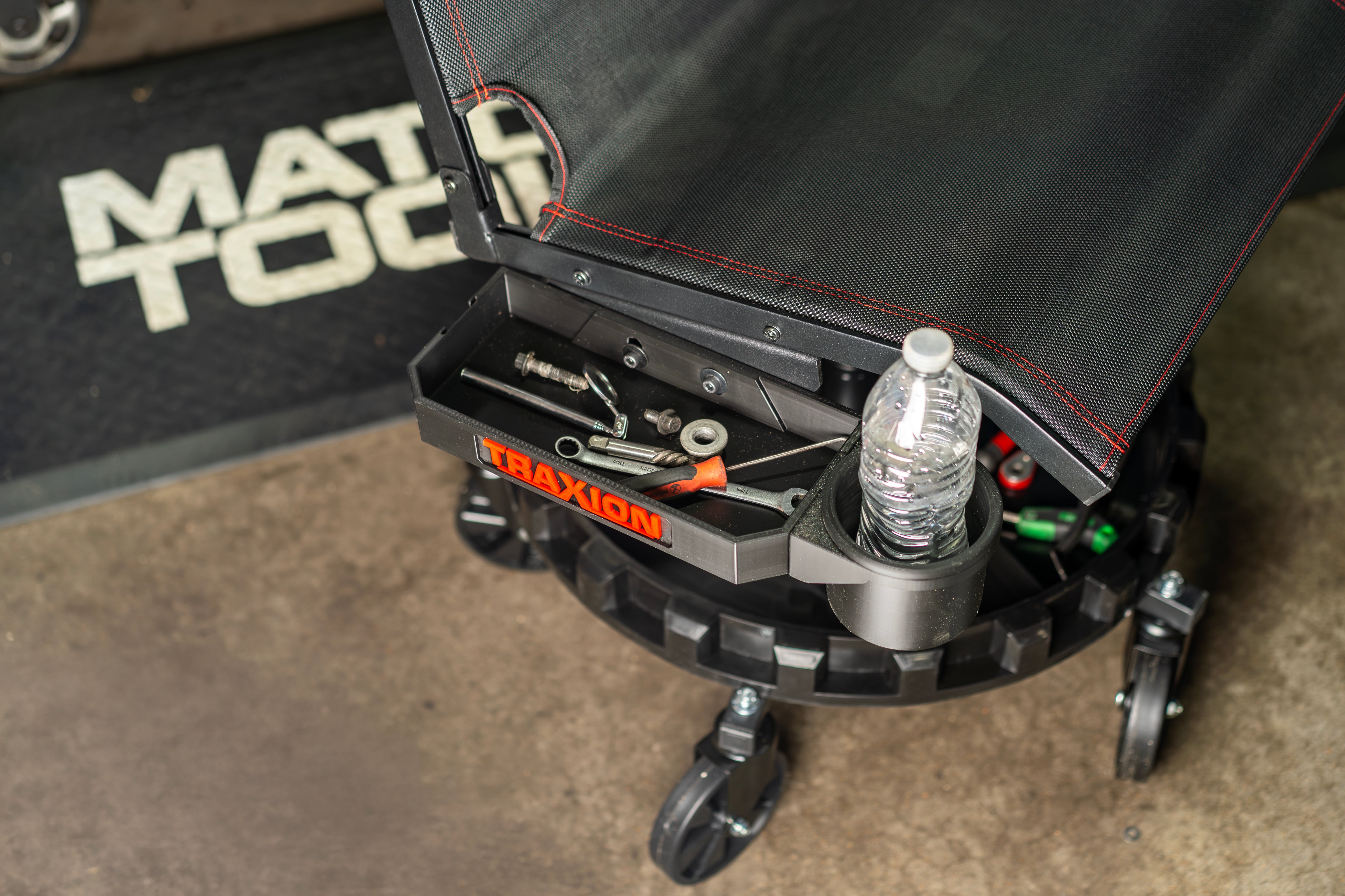 Original Traxion ProGear Mesh Flex Roll Seat NOW includes 1 of the NEW 2-581 Accessory Tool Tray with Cupholder