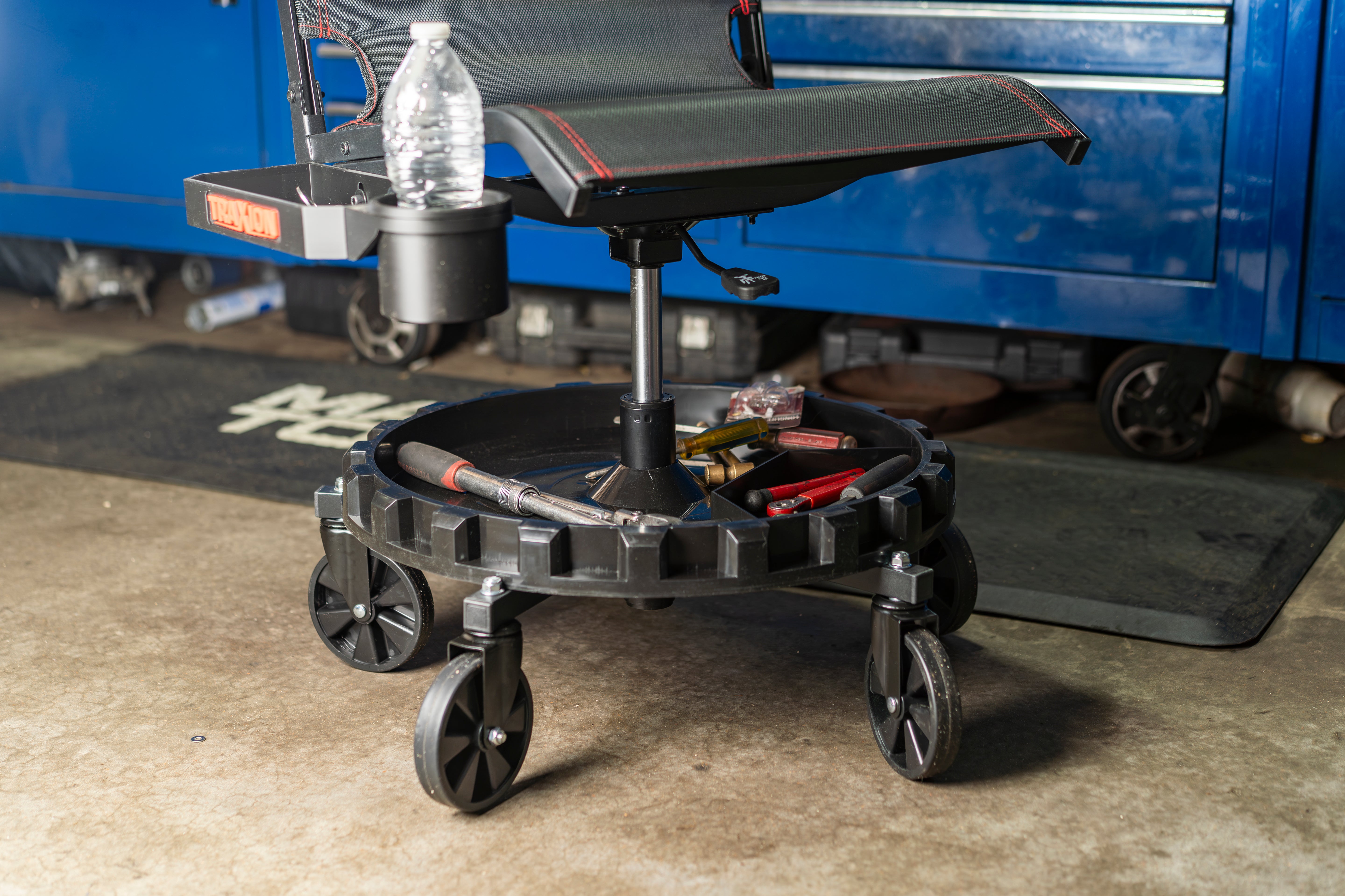 Original Traxion ProGear Mesh Flex Roll Seat NOW includes 1 of the NEW 2-581 Accessory Tool Tray with Cupholder